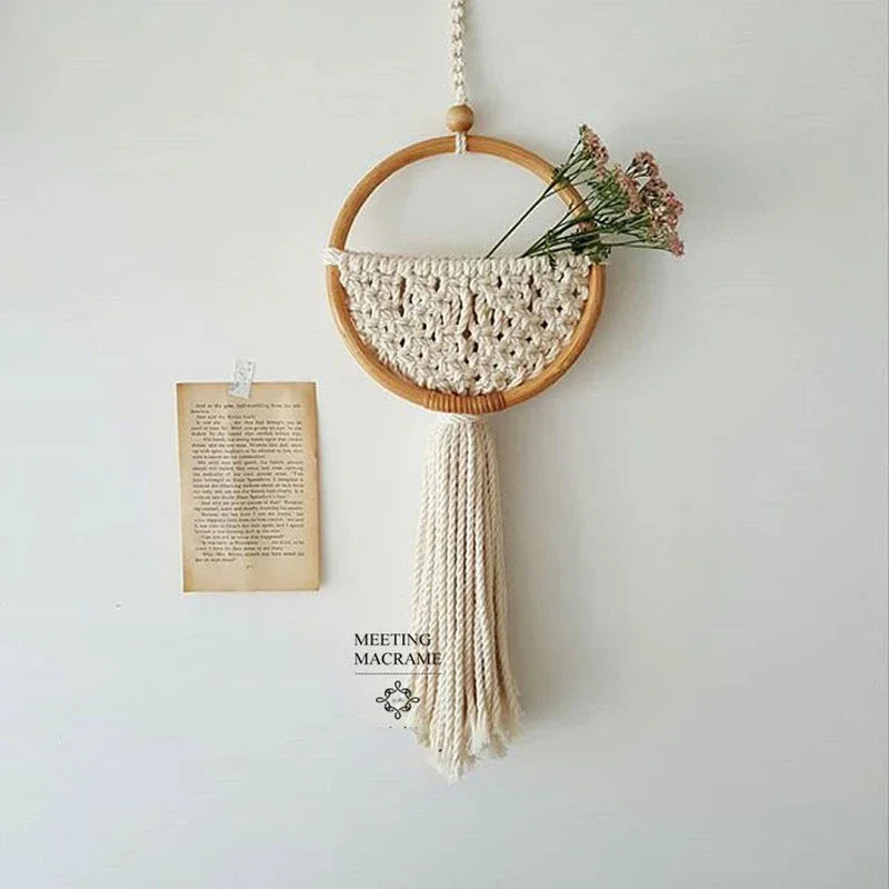 Macrame Wall Hanging Nordic Ins Door Wall Decoration Home Background Round Wall Tapestry Woven Flower Pot Dorm Room Decor