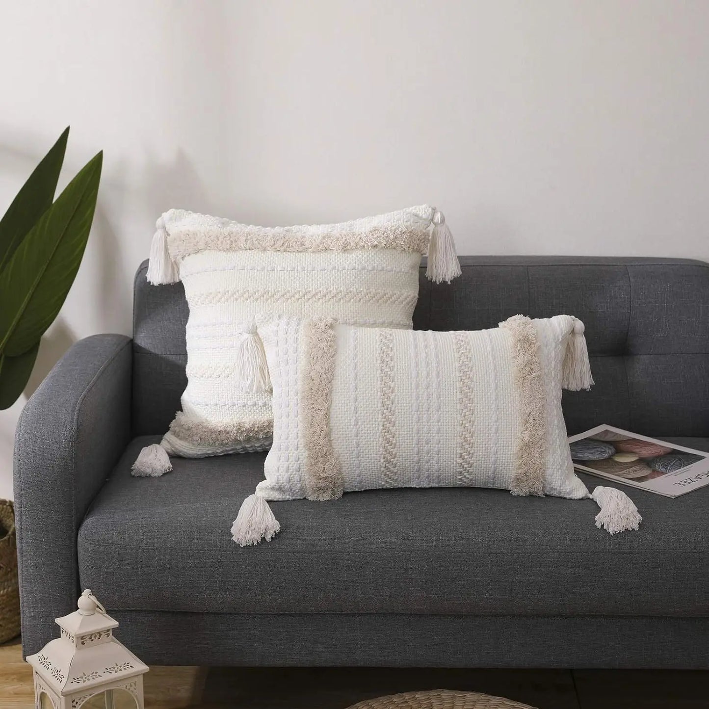 Battilo Boho Throw Pillow Cover Tufted Pillow Case with Tassels Neutral Woven Cushion Cover for Sofa Bed Living Room Home Decor