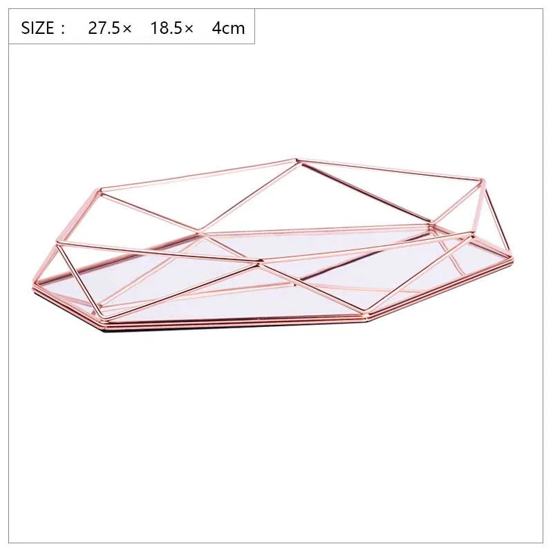European Metal Glass Jewelry Gold Display Plate Geometric Tray Mirror Rose Shelf Storage Ring Dish Home Decoration
