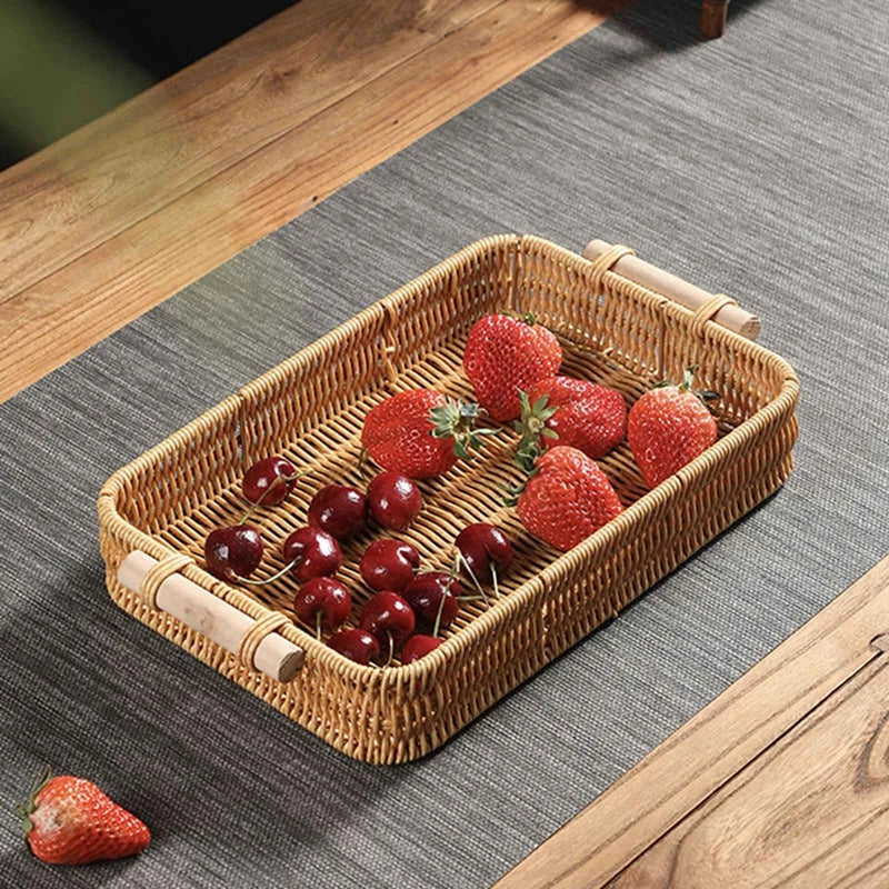 Multi-size Handwoven Rattan Storage Tray Round Wicker Basket Serving Tray With Wooden Handle Bread Food Plate Fruit Cake Platter