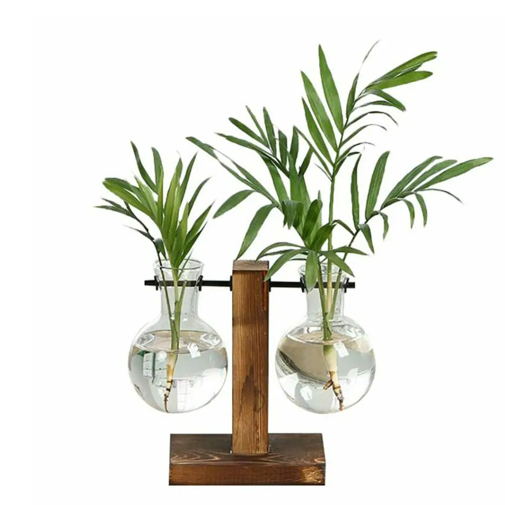 Creative Glass Desktop Planter Bulb Vase Wooden Stand Hydroponic Plant Container Decor Home Tabletop Decor Vases