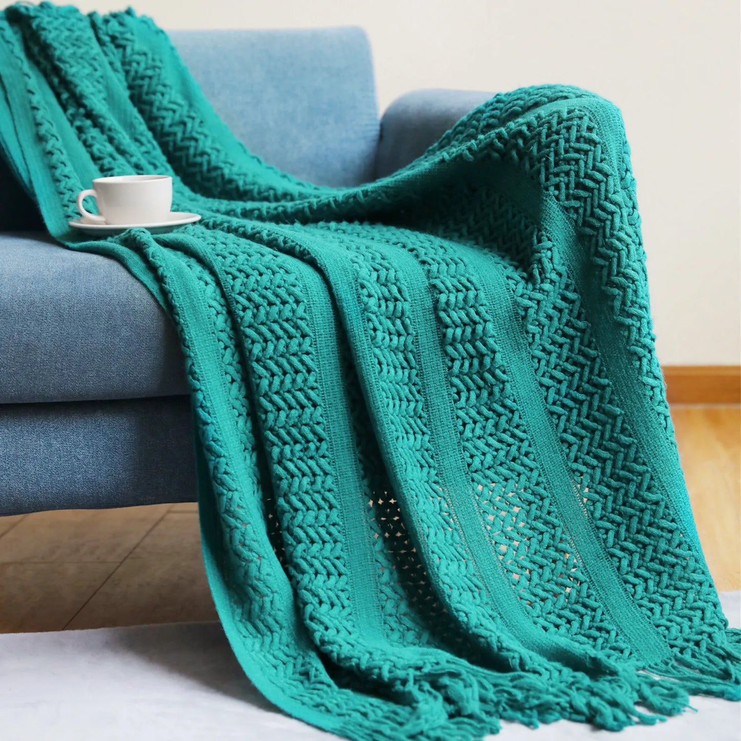 Cream White Textured Knitted Throw Blankets With Tassels Vintage Lightweight Farmhouse Gift Blankets 50x60inch Gift Blankets