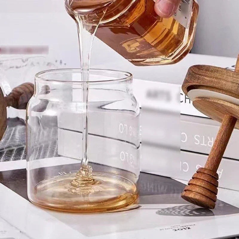 Honey Jar High Borosilicate Glass Sealed Tank with Wooden Lid Mixing Rod Wood Dip sticks Transparent Honey Sealed Storage Jars