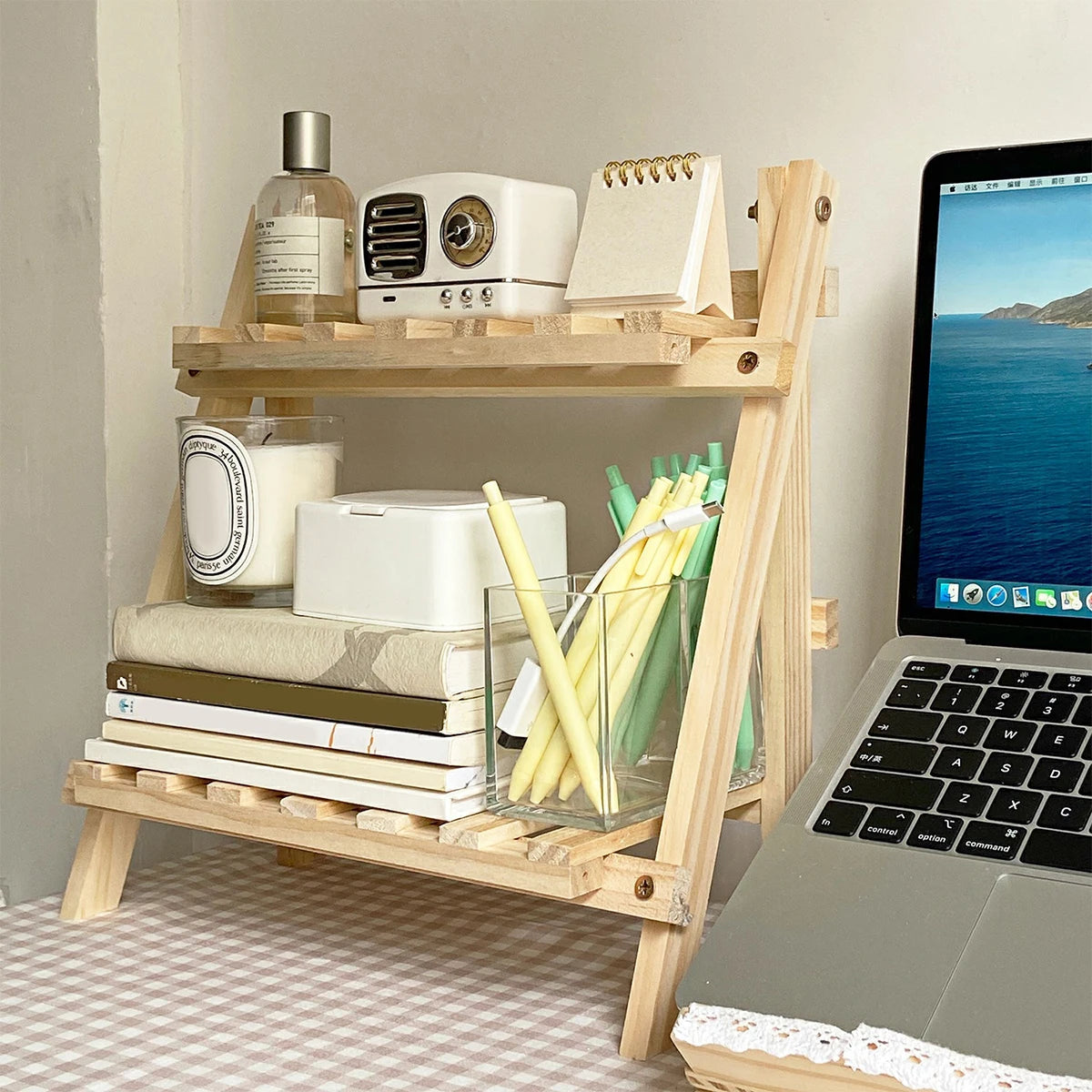 Desktop Storage Wooden Rack Double-Layer Simple Folding Corner Shelf Multifunctional Heavy-Duty Organizer Decoration Bedroom