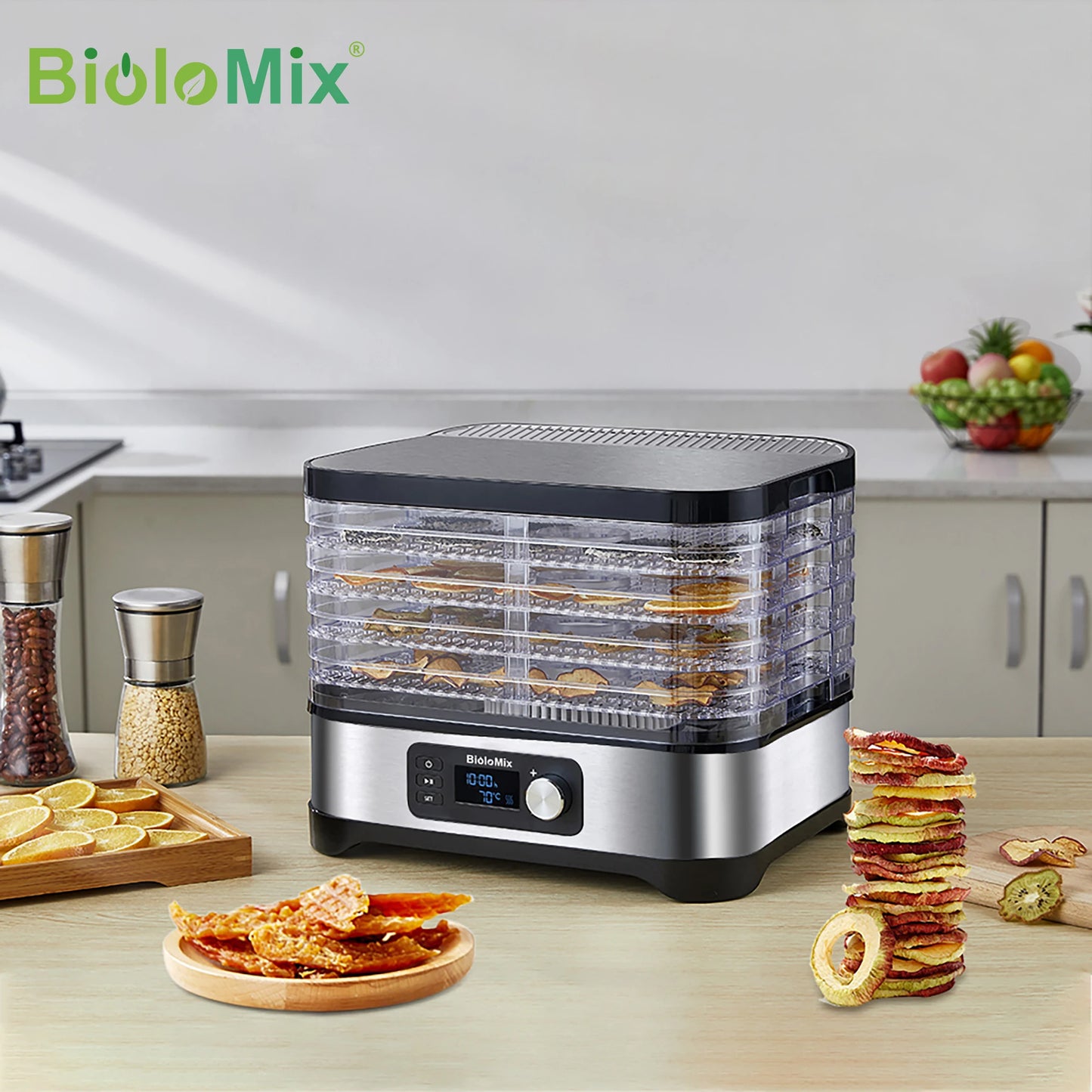 BioloMix BPA FREE 5 Trays Food Dryer Dehydrator with Digital Timer and Temperature Control for Fruit Vegetable Meat Beef Jerky