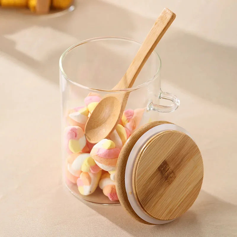 Bamboo Lid with Spoon Sealed Jar Household Glass Storage Jar Tea Jar Coffee Bean Storage Jar Seasoning Jar Milk Powder Jar