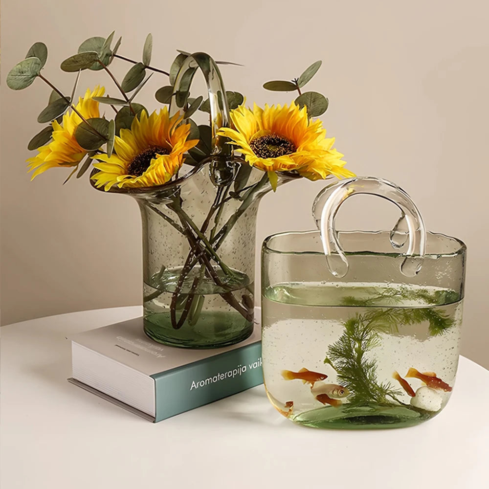 Ins Creative Vase Large Capacity Juice Glass Cup Water Raised Flower Arrangemen Handbag Glass Vase Fish Farming Vases Decoration