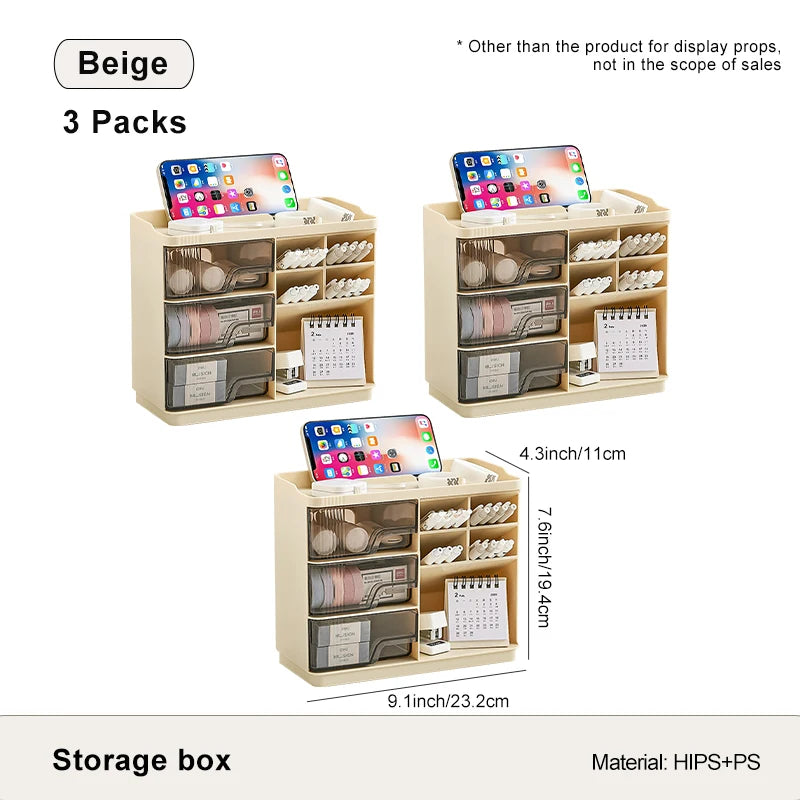 Multi-layer Drawer Type Household Storage , Office Transparent Large Capacity Cream Wind Stationery Storage Box