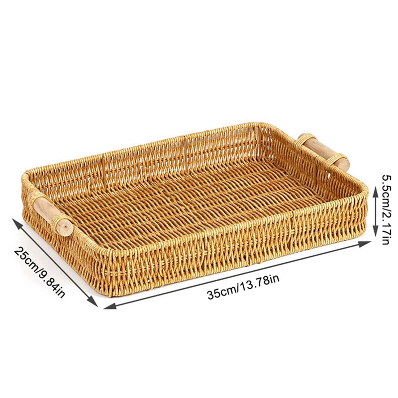 Multi-size Handwoven Rattan Storage Tray Round Wicker Basket Serving Tray With Wooden Handle Bread Food Plate Fruit Cake Platter