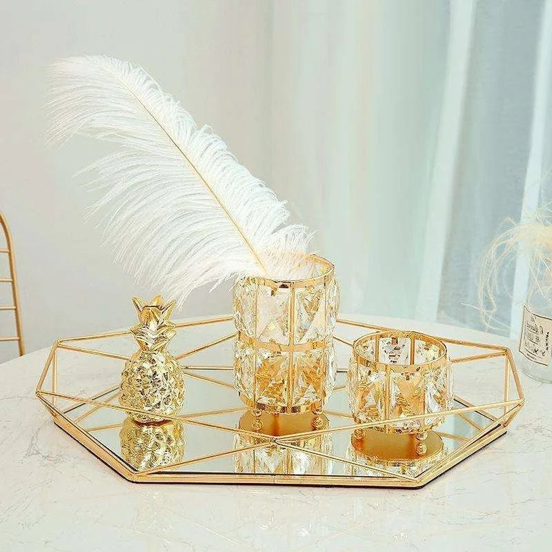 European Metal Glass Jewelry Gold Display Plate Geometric Tray Mirror Rose Shelf Storage Ring Dish Home Decoration