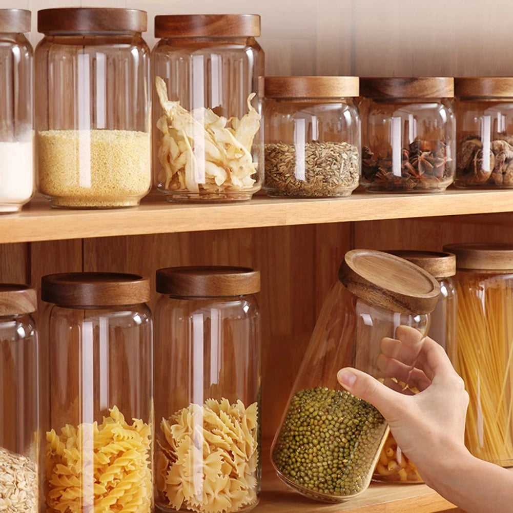 1 PC Small Glass Storage Jars with Airtight Lids, coffee container with Wooden Lid, Glass Pantry Canister for Beans, Rice,Sugar