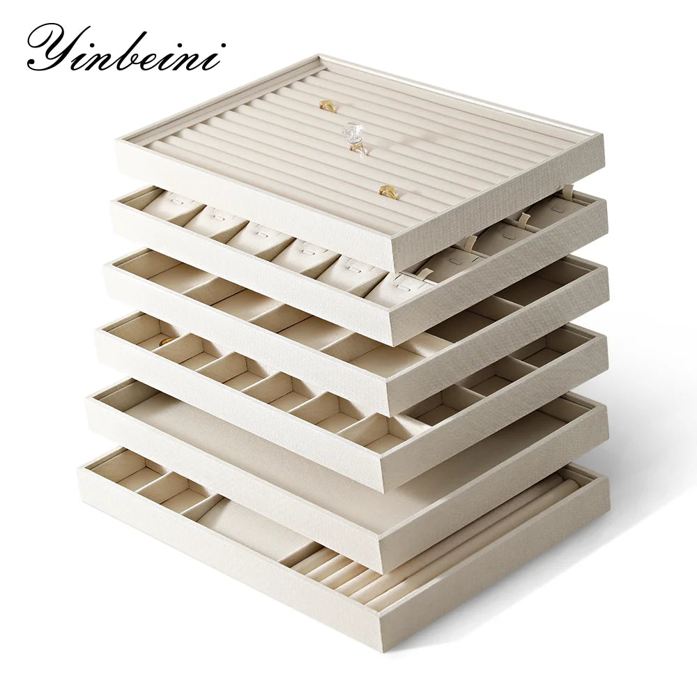 YinBeiNi Linen Stackable Ring Earring Bracelet Necklace Display Tray Jewelry Storage Drawer Insert Organizer Holder Tray P062