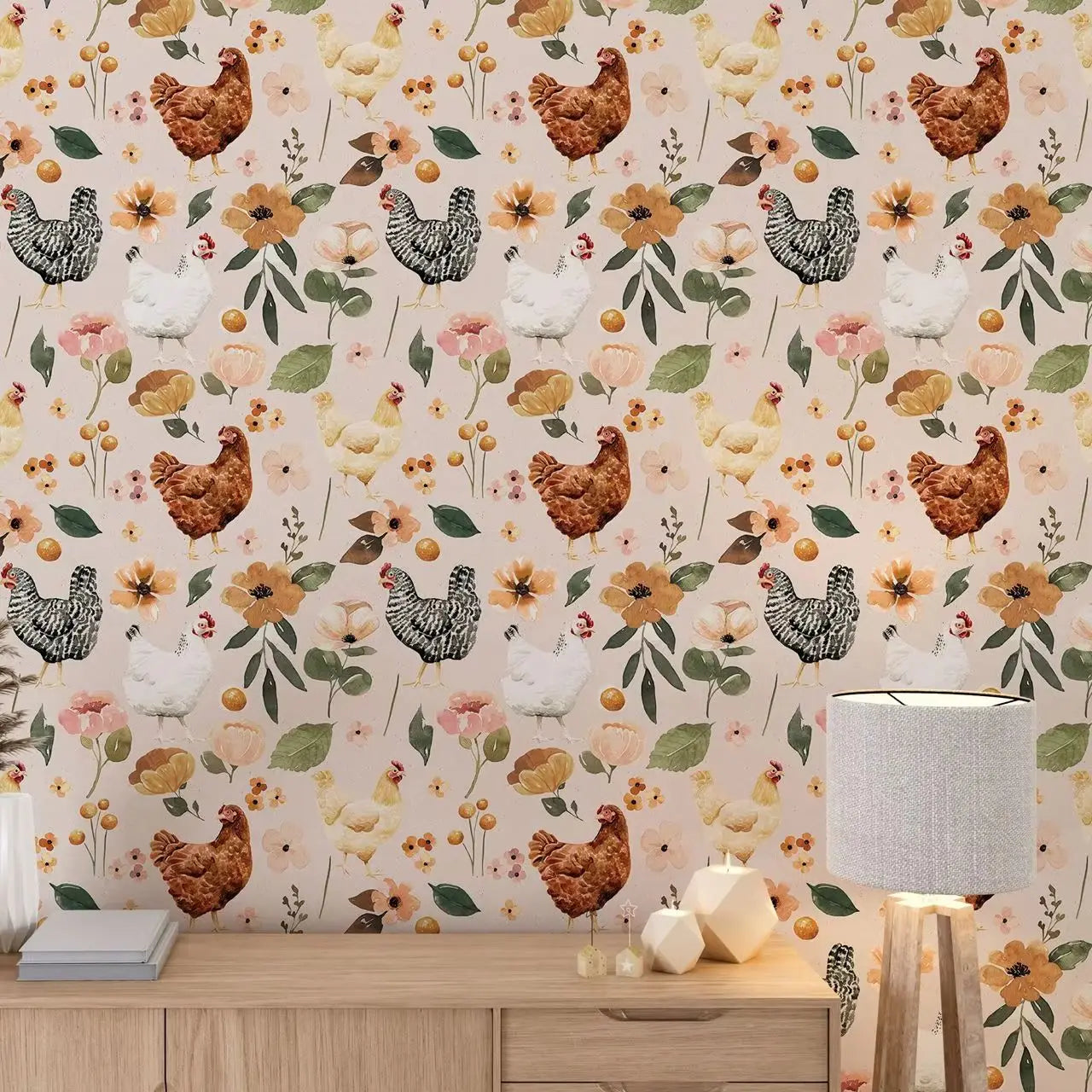 Farmhouse Wallpaper - Watercolor Chicken Floral Wallpaper - Painted Hens Chickens Peel and Stick Wallpaper,Removable Wallpaper