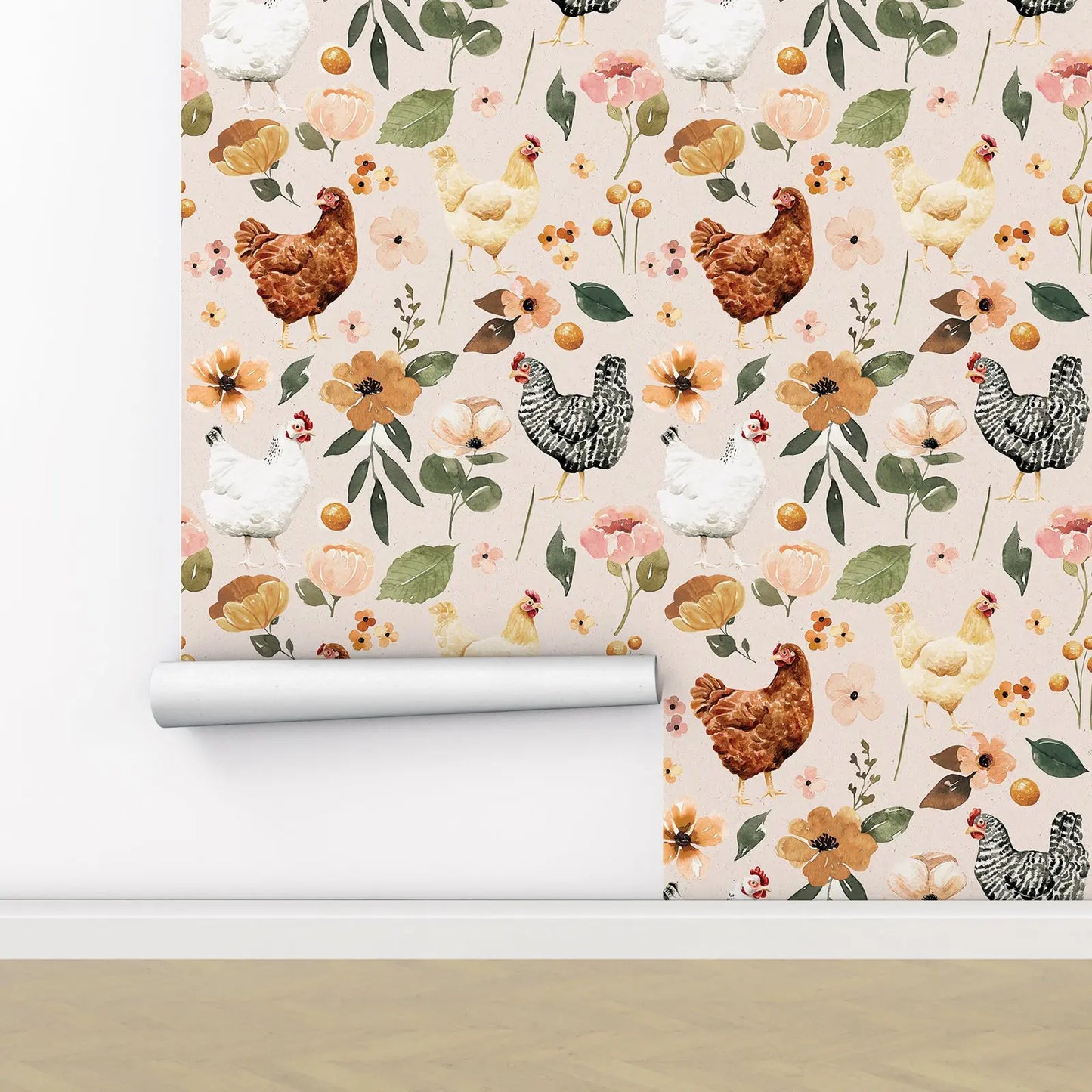 Farmhouse Wallpaper - Watercolor Chicken Floral Wallpaper - Painted Hens Chickens Peel and Stick Wallpaper,Removable Wallpaper