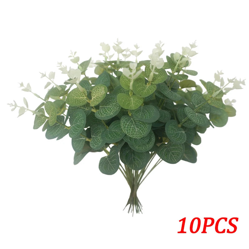 12/10PCS Eucalyptus Leaves Bunch Branch Artificial Plastic Plants Leaves Green Stems Wedding Faux Fake Flowers Cake DIY Decor