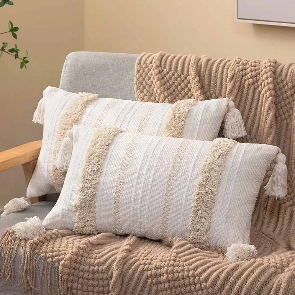 Battilo Boho Throw Pillow Cover Tufted Pillow Case with Tassels Neutral Woven Cushion Cover for Sofa Bed Living Room Home Decor
