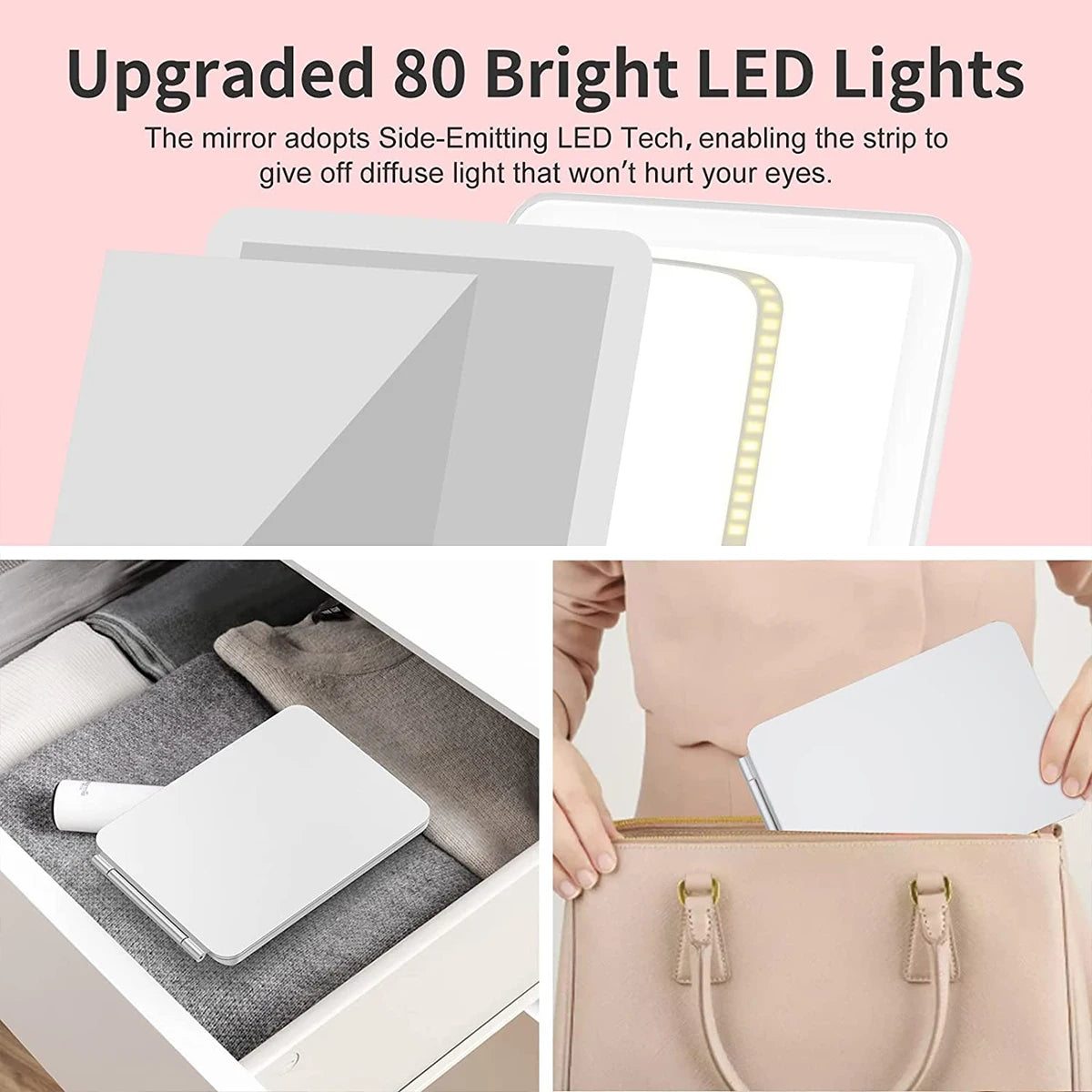 LED Makeup Mirror with Light Dimmable Cosmetic Mirror Folding Mirror for Travel Outwork Make-up Mirror Portable Vanity Mirror