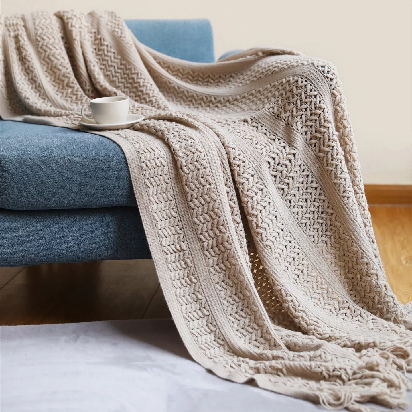 Cream White Textured Knitted Throw Blankets With Tassels Vintage Lightweight Farmhouse Gift Blankets 50x60inch Gift Blankets