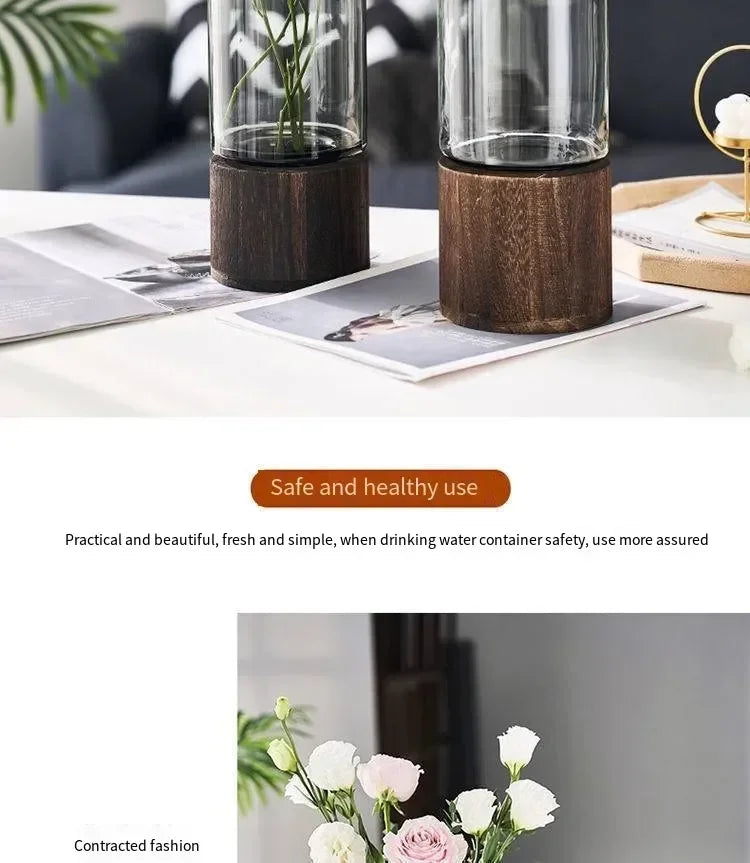 Vases Simple European hydroponic plant household living room table inserted flower wood base transparent glass vase Home Decor