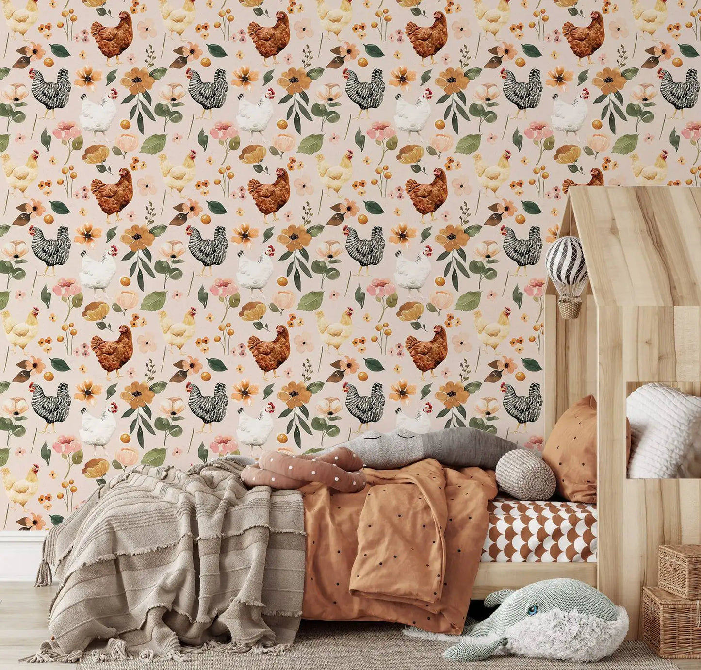 Farmhouse Wallpaper - Watercolor Chicken Floral Wallpaper - Painted Hens Chickens Peel and Stick Wallpaper,Removable Wallpaper