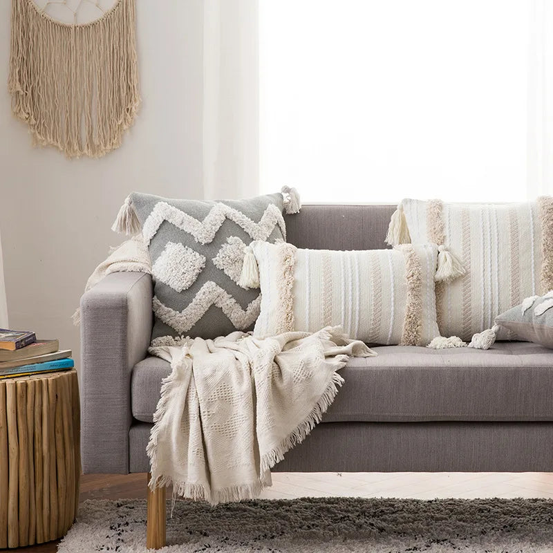 Battilo Boho Throw Pillow Cover Tufted Pillow Case with Tassels Neutral Woven Cushion Cover for Sofa Bed Living Room Home Decor
