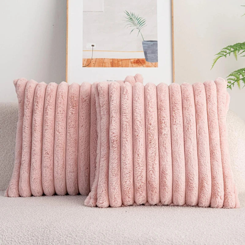 Pillow Cover Faux Rabbit Fur Square Cushion Big Thick Striped Super Soft Solid Color 45x45cm Sofa Decor Cushion Cover