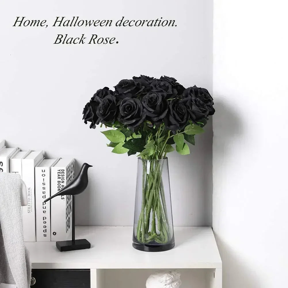 12 PCS Artificial Flowers Roses Silk Flowers Fake Long Stem Artificial Black Roses for Home Party Halloween Decorations