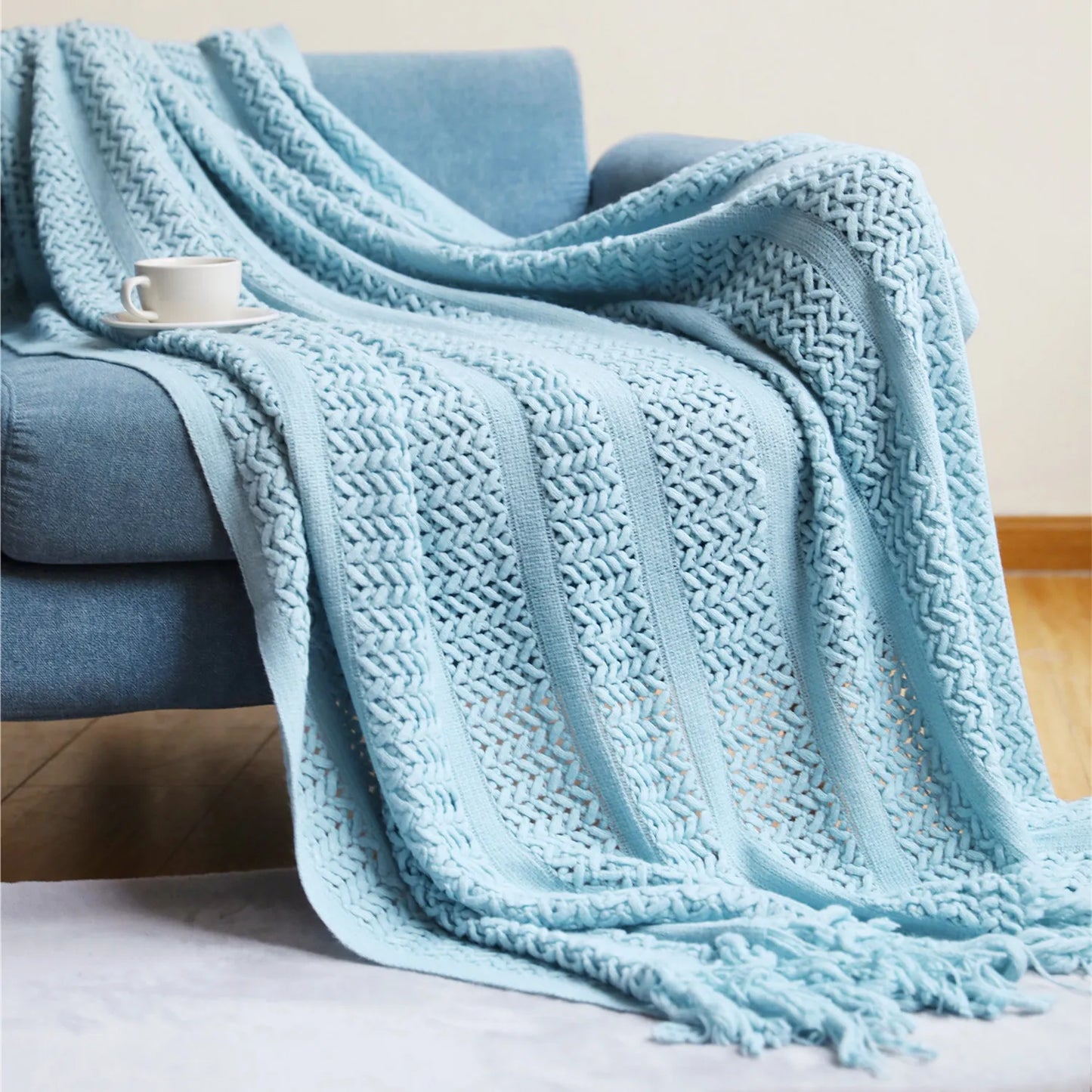 Cream White Textured Knitted Throw Blankets With Tassels Vintage Lightweight Farmhouse Gift Blankets 50x60inch Gift Blankets