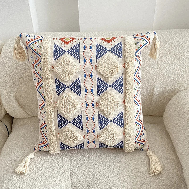 Boho Tufted Throw Pillow Cover with Handwoven Stripes Tribal Bohemian Cotton Hand Woven Tufted Square Cushion Covers JAF076