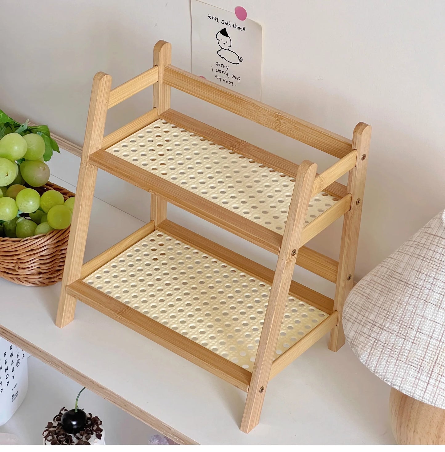Wooden Storage Shelf 2-Tier Rattan Desktop Stand Organizer Trapezoidal Desk Display Rack Desktop Stationary Office Storage Rack