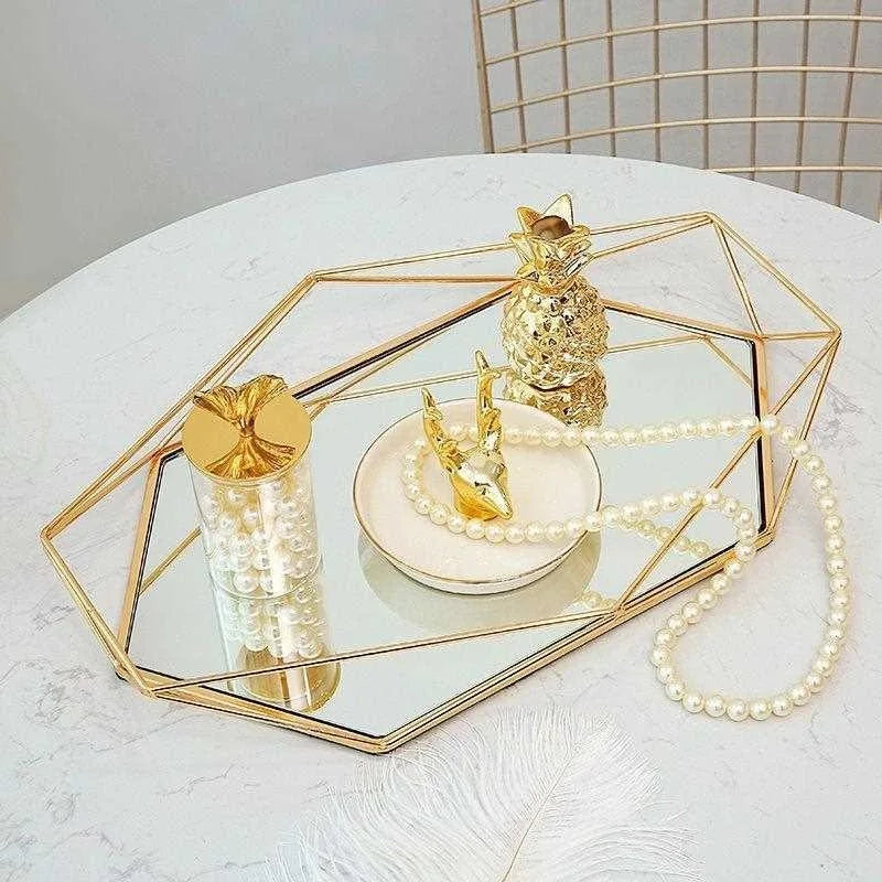 European Metal Glass Jewelry Gold Display Plate Geometric Tray Mirror Rose Shelf Storage Ring Dish Home Decoration