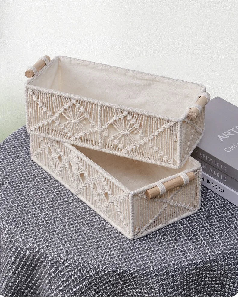 Handmade Woven Basket Cotton Rope Storage Book Toy Desktop Sundries Storage Box Literary and Retro Style