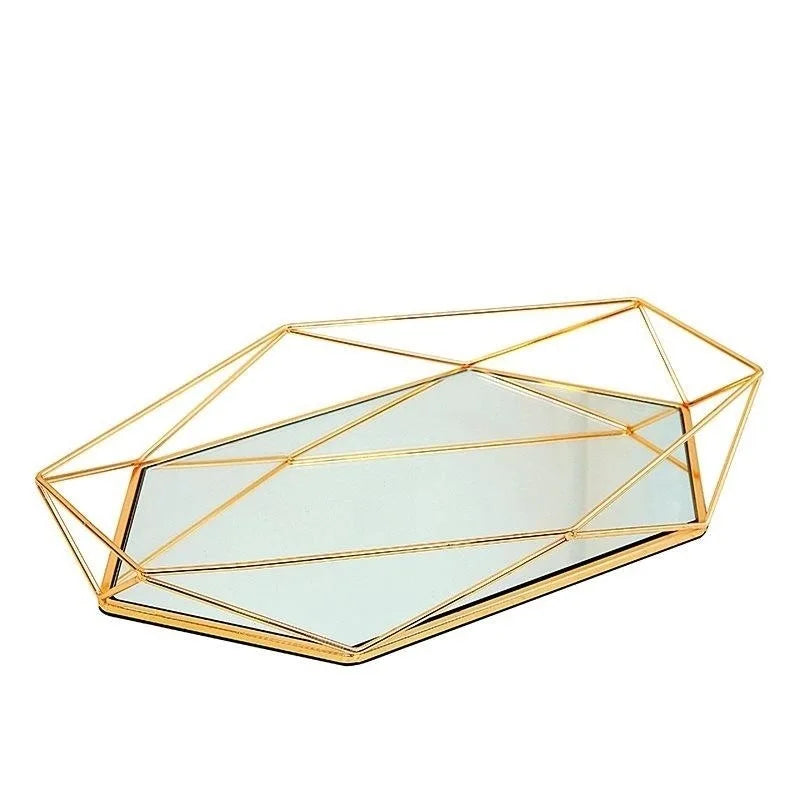 European Metal Glass Jewelry Gold Display Plate Geometric Tray Mirror Rose Shelf Storage Ring Dish Home Decoration