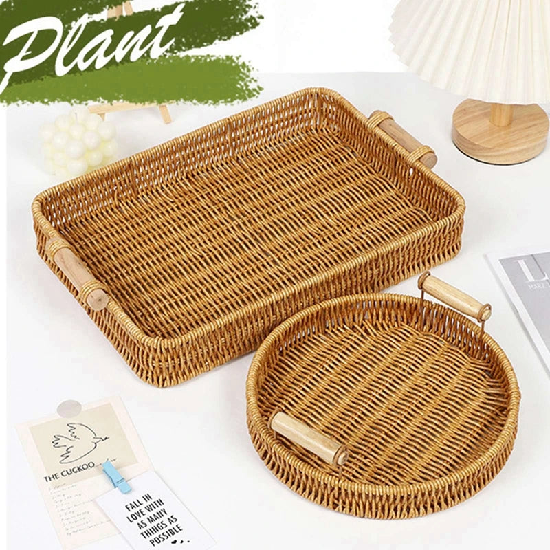 Multi-size Handwoven Rattan Storage Tray Round Wicker Basket Serving Tray With Wooden Handle Bread Food Plate Fruit Cake Platter