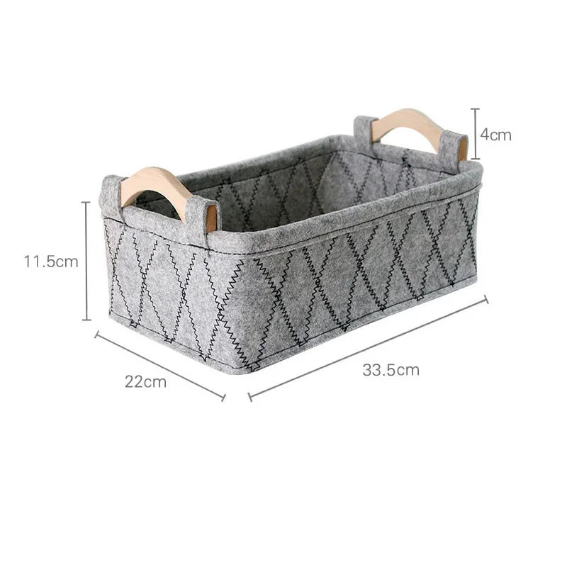 Felt Storage Basket Desk Organizer Toy Basket Storage Bins Makeup Organizer Basket Desktop Wooden Handle Storage Organizer Box