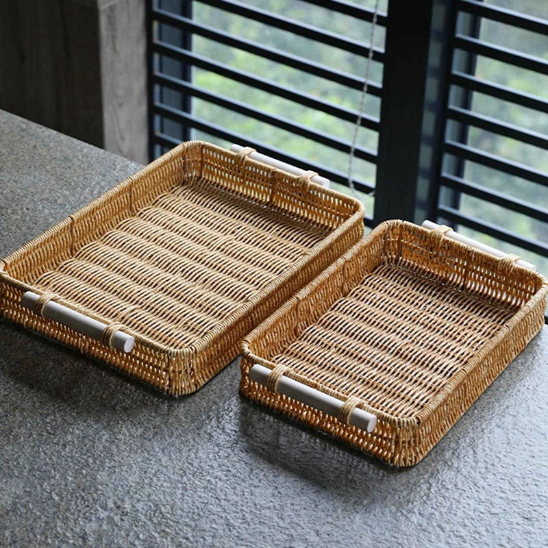Multi-size Handwoven Rattan Storage Tray Round Wicker Basket Serving Tray With Wooden Handle Bread Food Plate Fruit Cake Platter