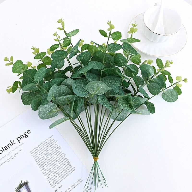 10pcs Eucalyptus Leaves Artificial Plastic Plants Leaves Bunch Branch Green Stems Wedding Faux Fake Flowers Cake DIY Decor