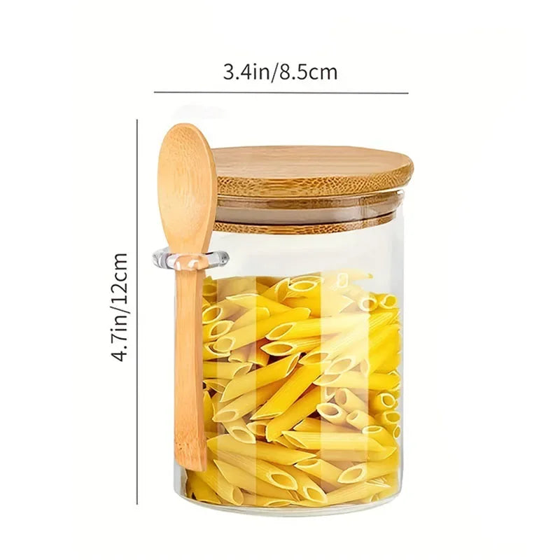 Bamboo Lid with Spoon Sealed Jar Household Glass Storage Jar Tea Jar Coffee Bean Storage Jar Seasoning Jar Milk Powder Jar