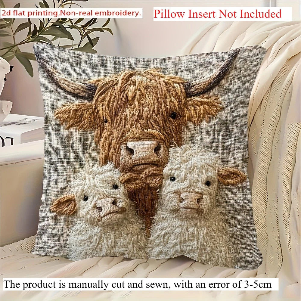 Highland Cow Family Design Pillow Cover-Soft Polyester,45cm x 45cm,Zipper Closure,Machine Washable (Pillow Insert Not Included)