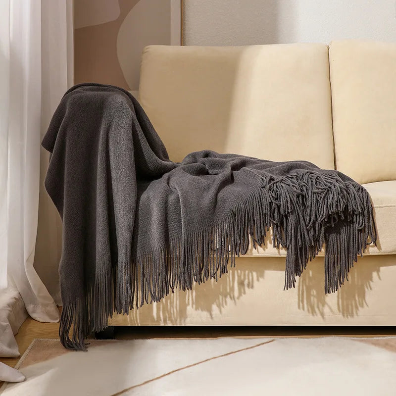 Nordic Knitted Tassels Fringe Blankets Lightweight Throw Solid Blanket Cozy Farmhouse Gift All Season Comfort For Home Travel