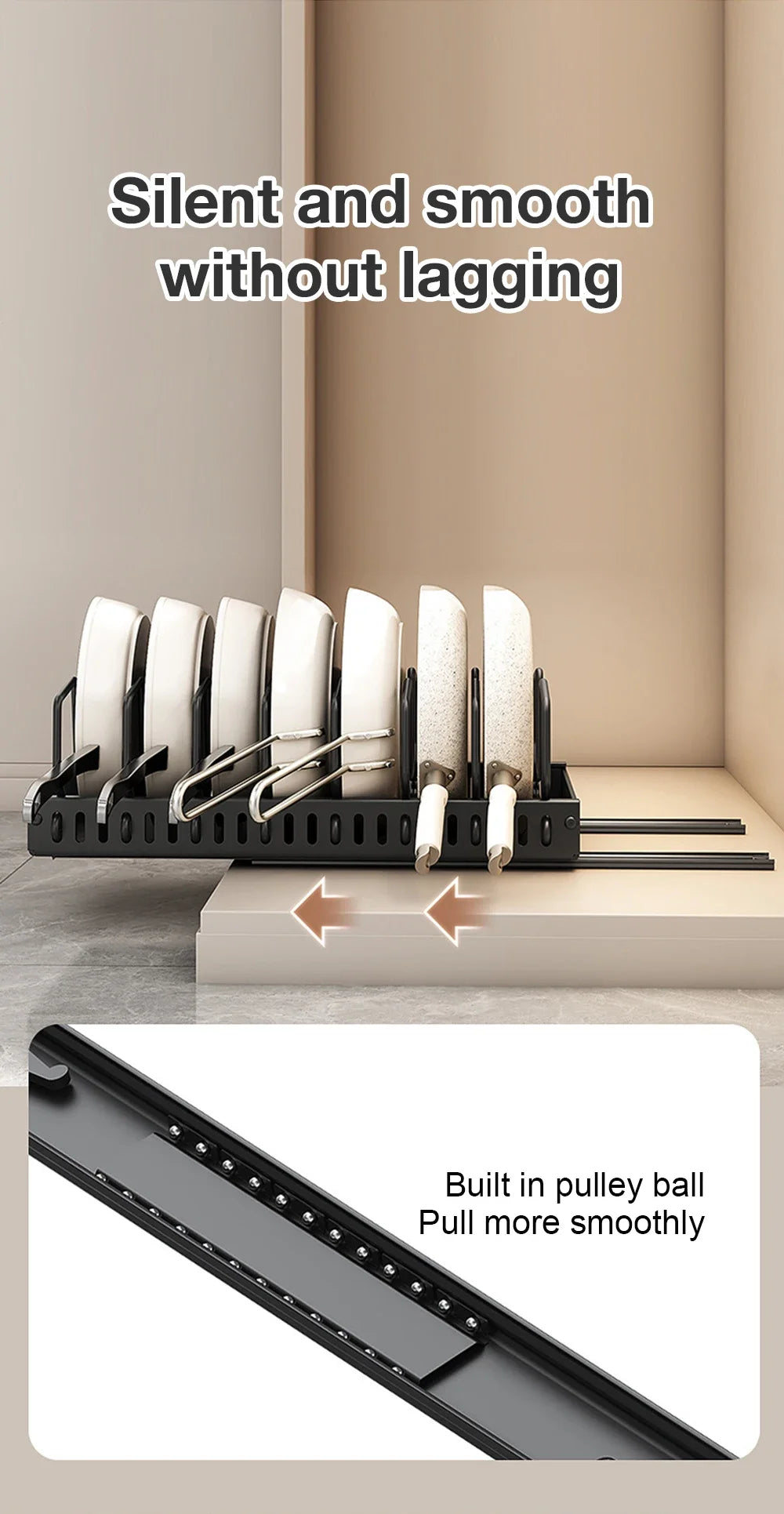 Kitchen Pots and Pans Organizer Under Cabinet Sliding Drawer Pot Lid Organizer Pull Out Cabinet Storage Tray with 8 Dividers