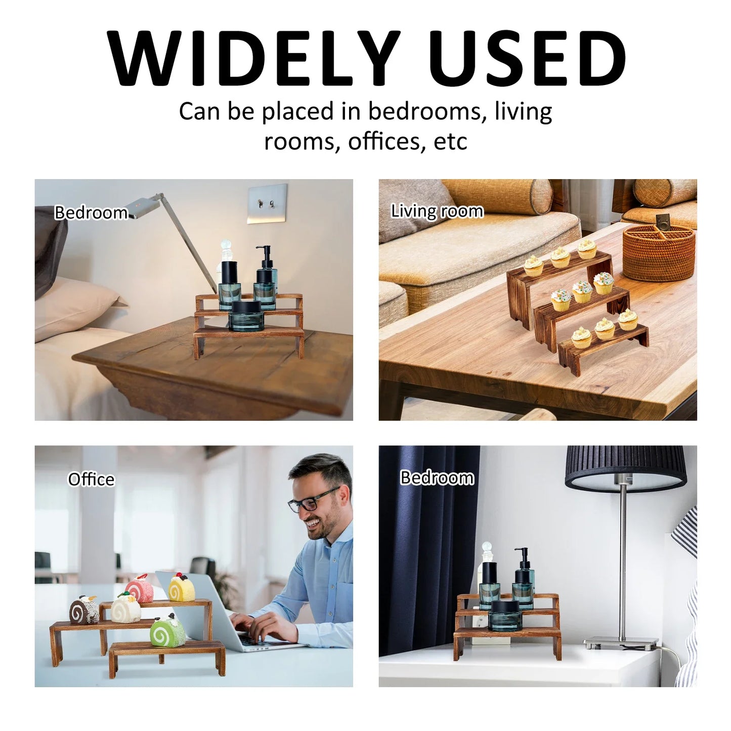 3Pcs Wood Display Stand Rectangle Wooden Riser Display Shelf Organizer Dessert Figurines Perfume Jewelry Ladder Organizer Shelf