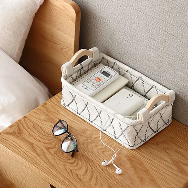 Felt Storage Basket Desk Organizer Toy Basket Storage Bins Makeup Organizer Basket Desktop Wooden Handle Storage Organizer Box