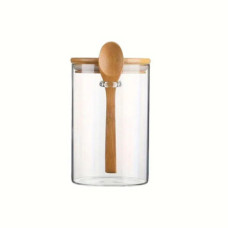 Bamboo Lid with Spoon Sealed Jar Household Glass Storage Jar Tea Jar Coffee Bean Storage Jar Seasoning Jar Milk Powder Jar