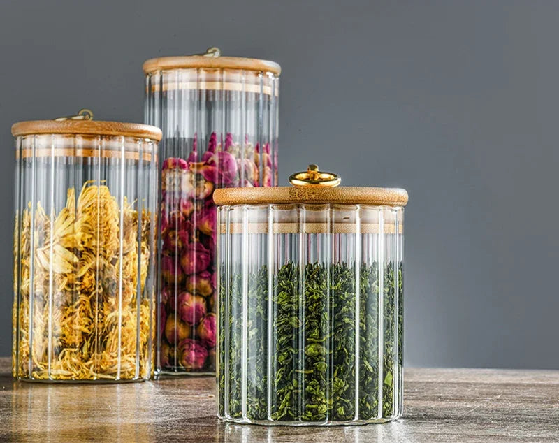Glass Food Jar with Sealed Bamboo Lid Kitchen Pantry Grains Cookie Coffee Tea Candy Snack Storage Bottle Jars Kitchen Canister
