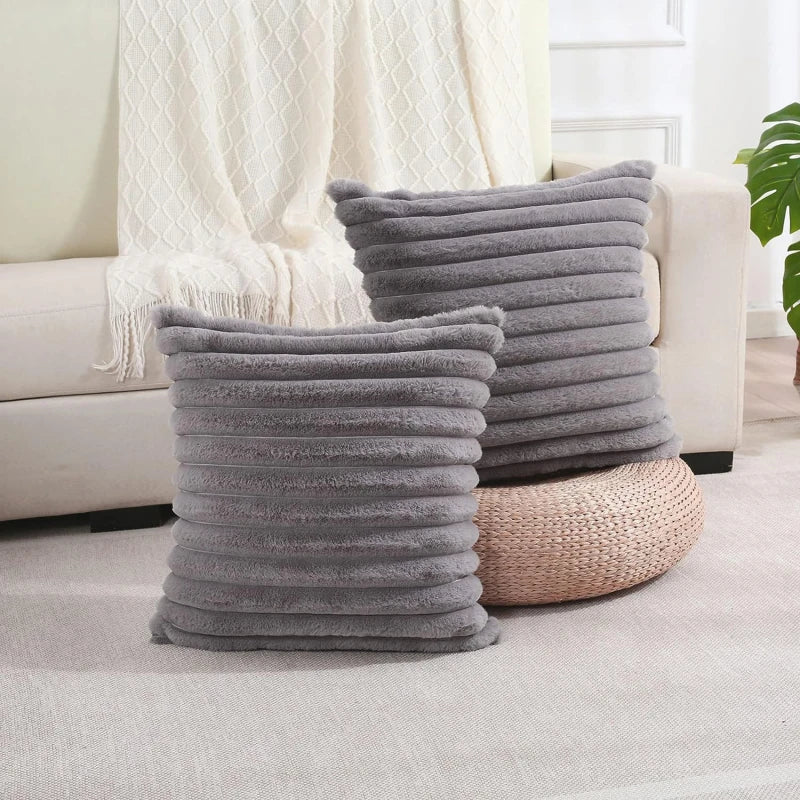 Pillow Cover Faux Rabbit Fur Square Cushion Big Thick Striped Super Soft Solid Color 45x45cm Sofa Decor Cushion Cover