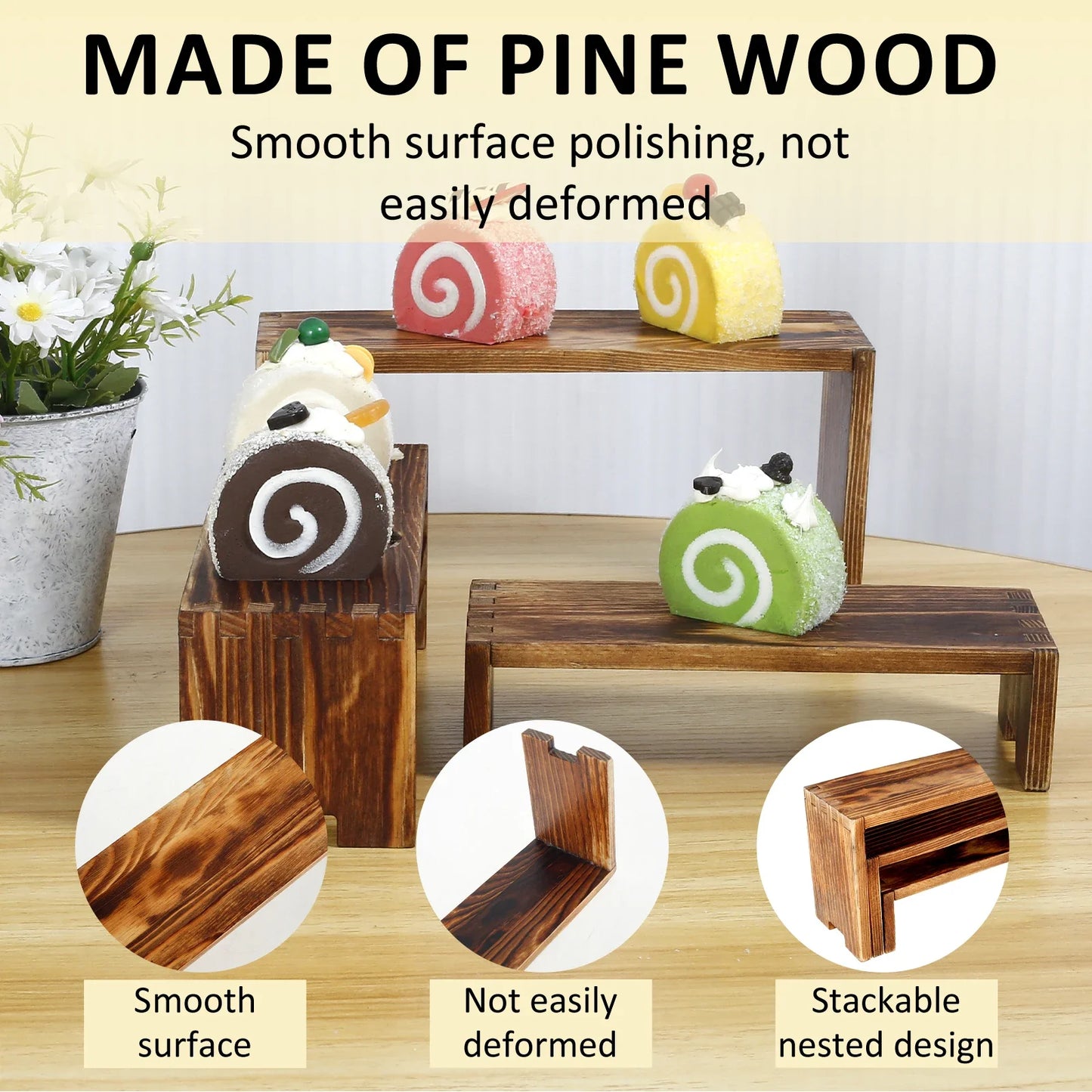 3Pcs Wood Display Stand Rectangle Wooden Riser Display Shelf Organizer Dessert Figurines Perfume Jewelry Ladder Organizer Shelf