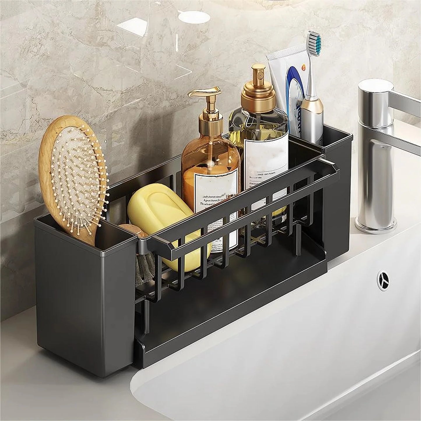 Kitchen Sink Organiser,Kitchen Sink Sponge Holder With Brush Holder,Rag Drain Rack, Bathroom Organizer, Sink Faucet Sink Ra