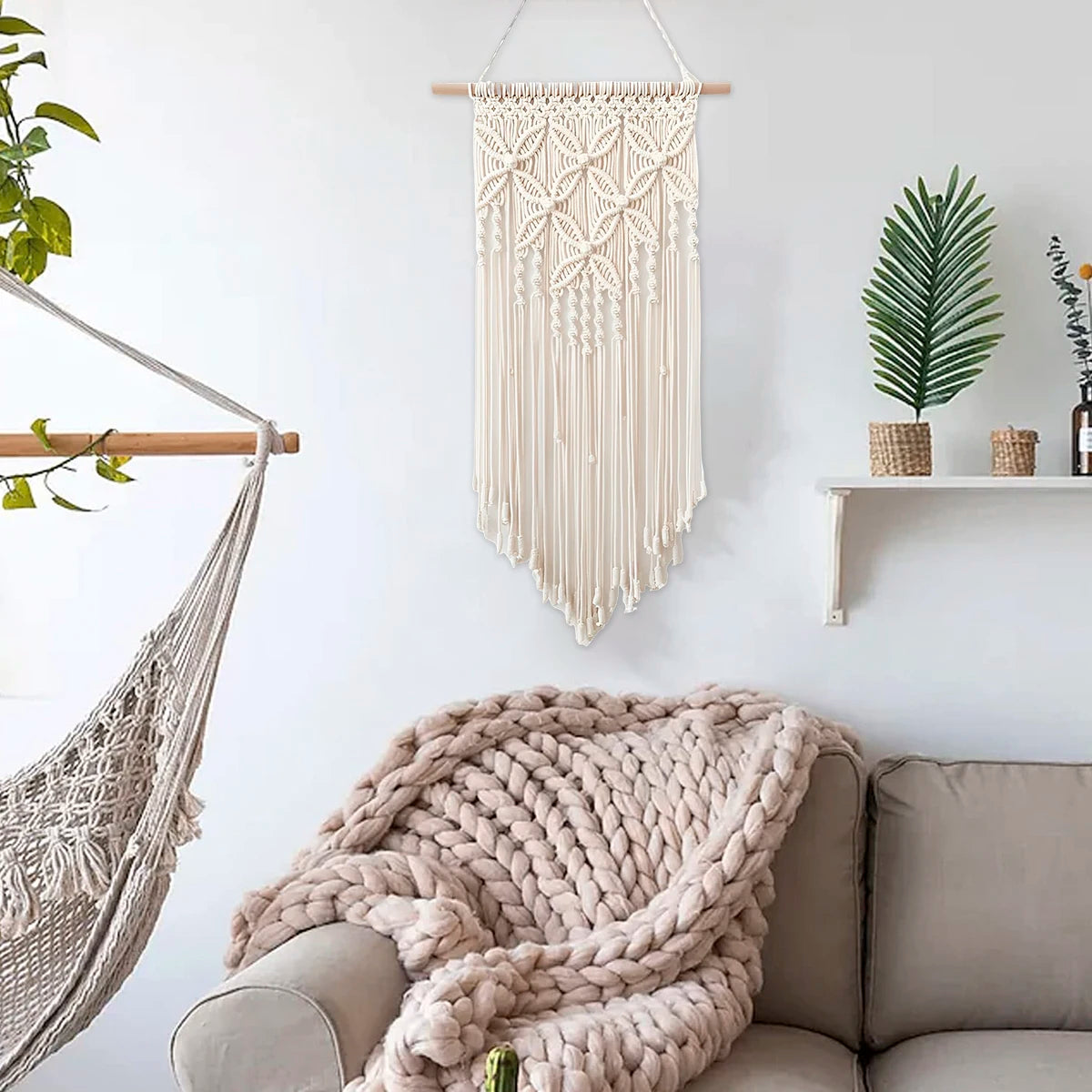 Macrame Wall Hanging Tapestry Handmade Bohemian Ethnic Chic Tapestry Boho Woven Wall Art Décor Beige Tassel Cotton Crochet