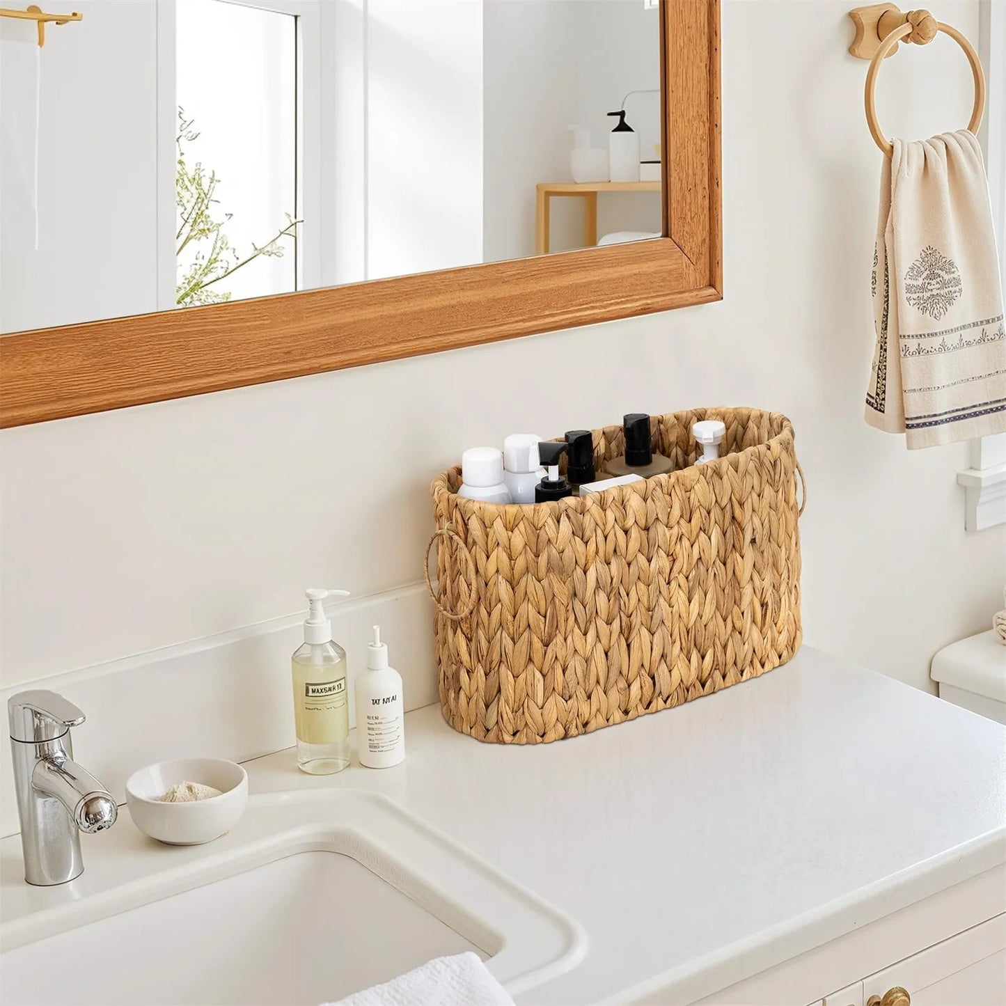 Portable Desktop Sundry Storage Basket Practical Bathroom Supplies Storage Basket Imitation Rattan Woven Rectangular Storage Box